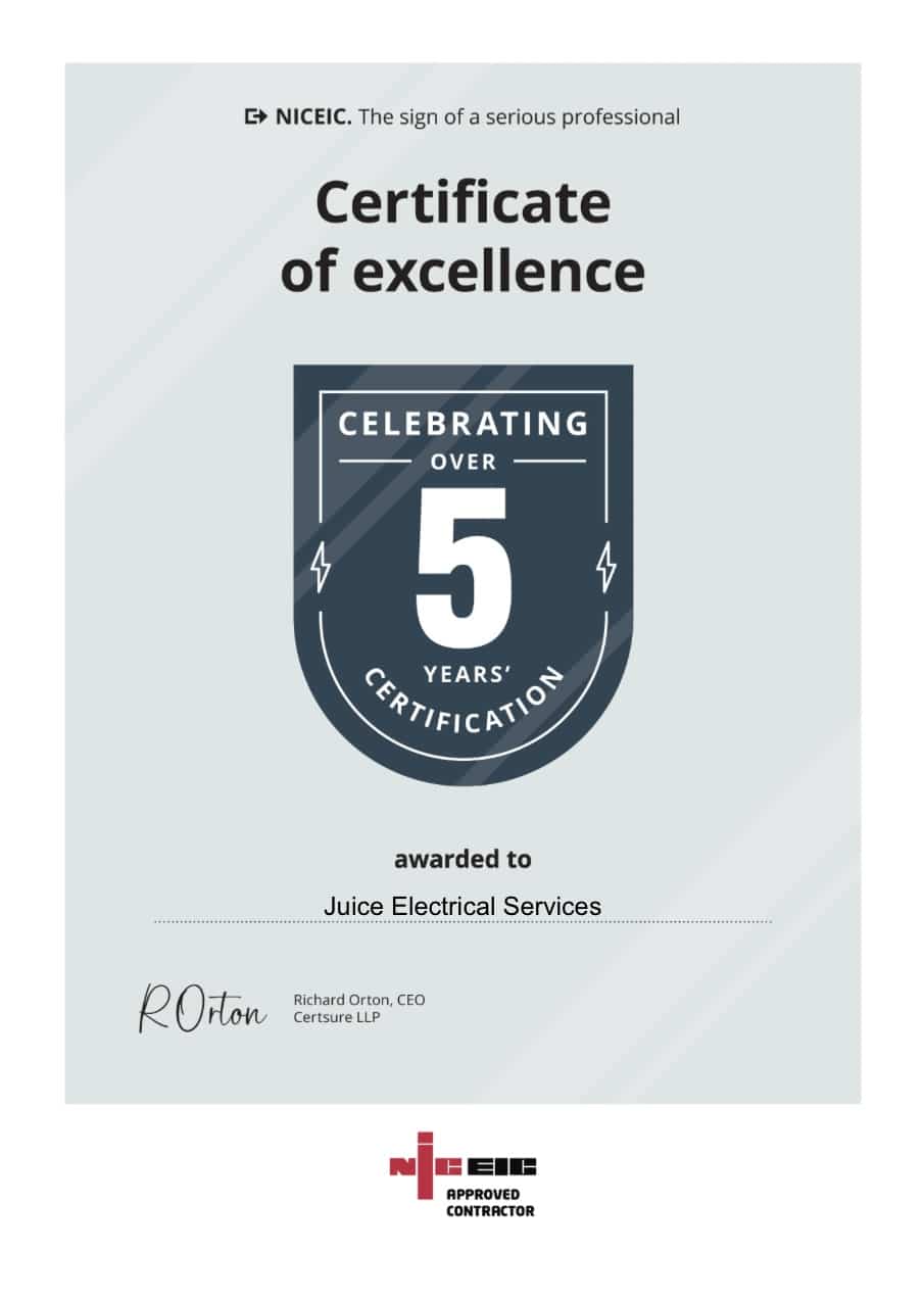 Celebrating 5 Years of NICEIC Certification! 10 5 years of NICEIC Certification for Juice Electrical Services